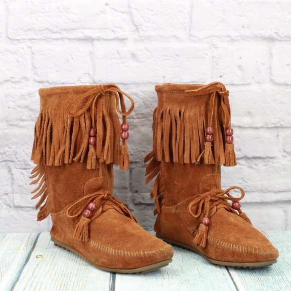 *Minnetonka Brown Suede Lace-up Pull On Fringe Moccasins Booties Size - Picture 3 of 9